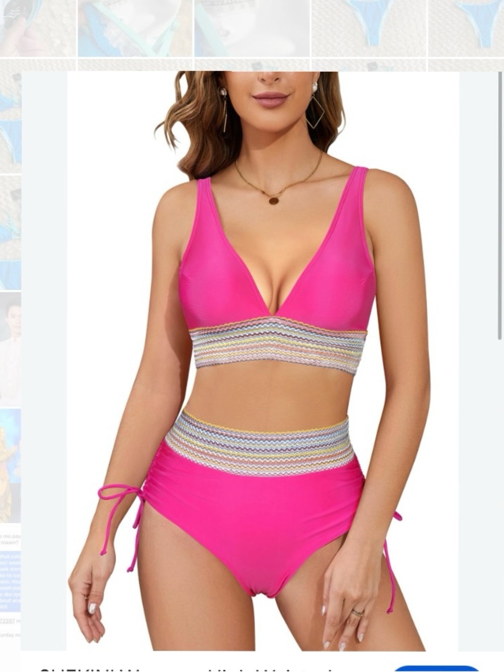 New Women Large Hot pink high-waisted two-piece bikini set featuring a V-neck